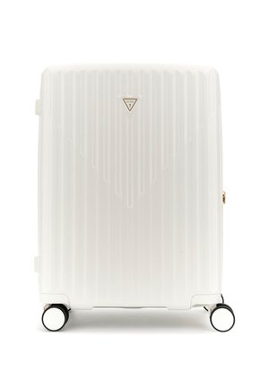 White hard-shell suitcase with vertical ridges, a triangular logo in gold, and black wheels for mobility. Smooth texture and rectangular shape.