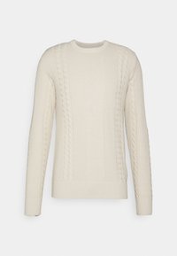 Maglione di colore crema, lavorato a maglia con un motivo a treccia lungo i lati, maniche a costine e scollatura rotonda.
