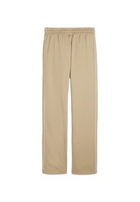 Beige træningsbukser med elastisk talje, featuring hvide sidelister, lige snit, lavet af et glat, let stof.