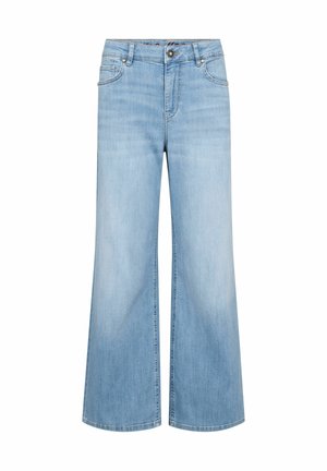 Gaiši zili džinsa bikses ar plašām kāju daļām, priekšējām kabatām, pogu aizdari un nelielu izbalējumu augšstilbiem un ceļiem.