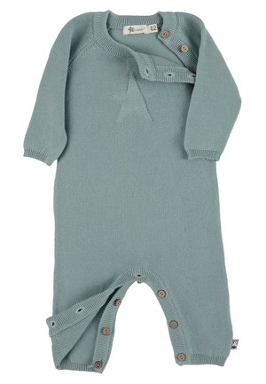 Zacht blauwgroene gebreide babyromper met lange mouwen, een sterrenpatroon aan de voorkant en knoopsluitingen op de schouder en benen. Maat 62.