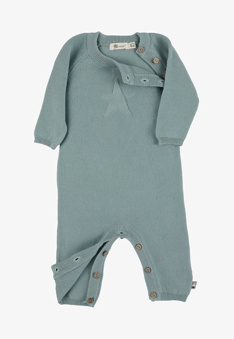 Combinaison pour bébé en maille bleu-vert doux, manches longues, motif étoile à l'avant, avec boutons-pression aux épaules et aux jambes. Taille 62.