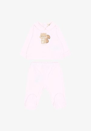 Morbido completo rosa per neonati con maglia a maniche lunghe con grafica di scoiattolo marrone e pantaloni con piedini abbinati.