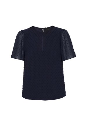 Blusa blu navy con maniche a sbuffo corte e trasparenti, motivo a pois testurizzato su tutta la superficie, e apertura a chiave sul retro.