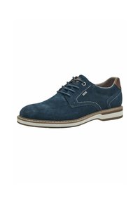 Scarpa blu in suede con lacci e superficie texture, dettagli in marrone chiaro sul tallone e suola in gomma bianca con cuciture decorative.