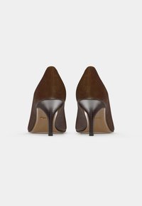 Chaussures à talons hauts en daim marron avec un bout pointu, dotées d'un talon aiguille fin et d'une doublure intérieure lisse.