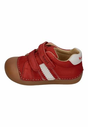 Red toddler shoe with white stripes, brown rubber toe cap, and two velcro straps labeled "koel," viewed from the side.