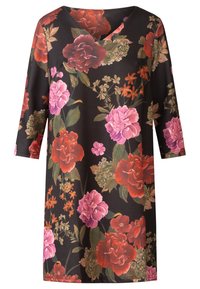 Blumenkleid mit V-Ausschnitt und Dreiviertelärmeln, in leuchtenden Pink-, Rot- und Grüntönen auf schwarzem Hintergrund, aus weichem Stoff gefertigt.