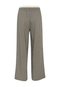 Graue weit geschnittene Hose aus strukturierter Stoffqualität, mit einem elastischen Bund und einer gerüschten Kante oben, ohne sichtbare Taschen.