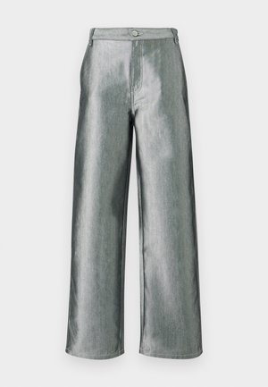 High-waisted, wide-leg metallic silver pants with button and zipper closure, shown flat against a white background.