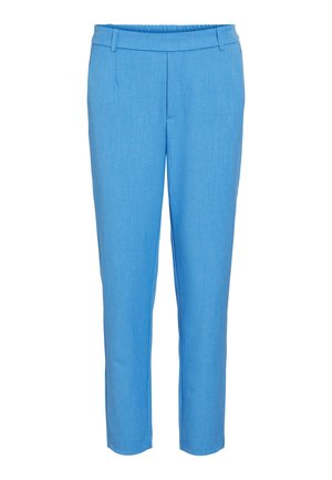 Pantalones ajustados de color azul claro con cinturilla elástica, parte delantera plana y piernas rectas. Textura suave con un diseño minimalista.