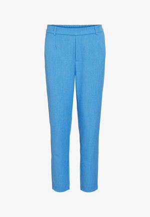 Pantalones ajustados de color azul claro con cinturilla elástica, parte delantera plana y piernas rectas. Textura suave con un diseño minimalista.