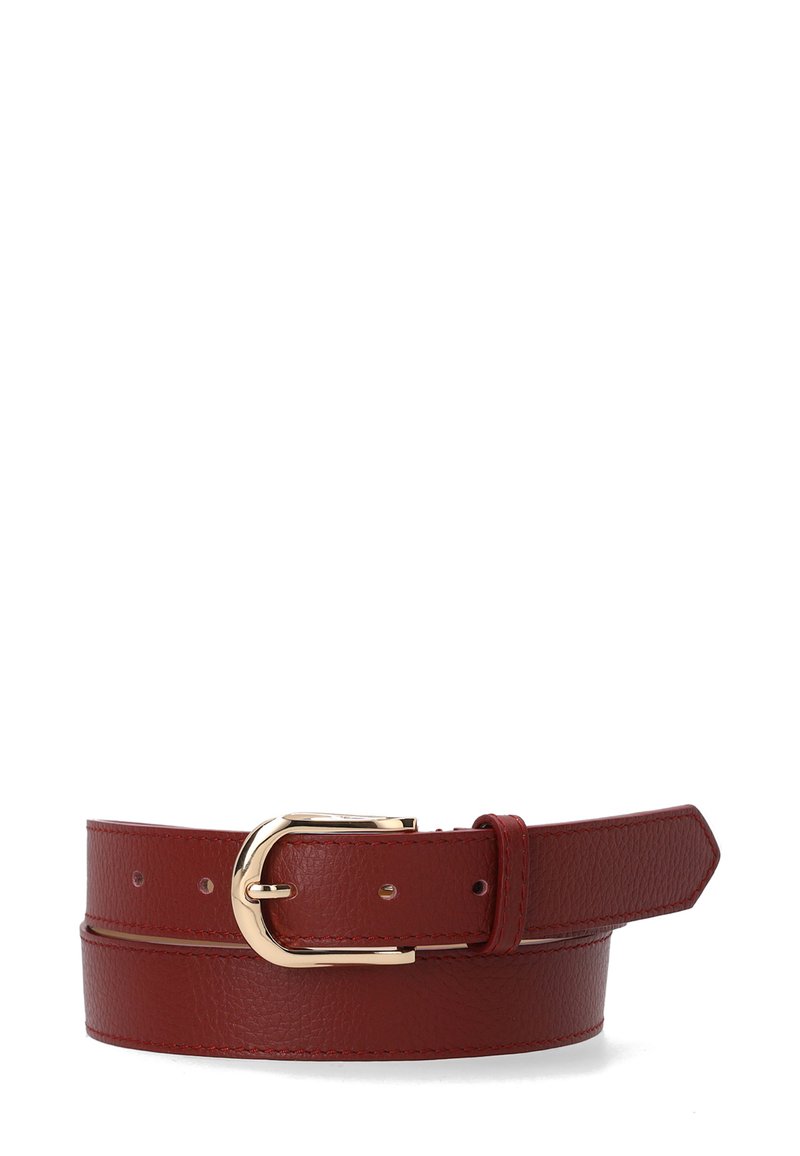 Red leather belt with textured finish, gold metal buckle, and multiple adjustment holes, coiled on a white background.