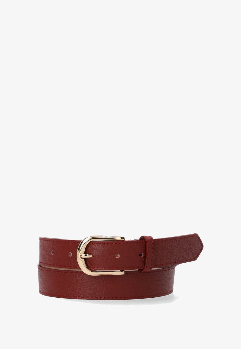 Red leather belt with textured finish, gold metal buckle, and multiple adjustment holes, coiled on a white background.
