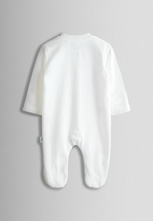 Balts zīdaiņu bodijs ar garām piedurknēm, apaļu apkakli un spraudņu aizdari apakšā. Mīksts kokvilnas materiāls ar gludu tekstūru.