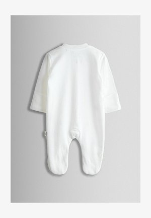 Hvid babybody med lange ærmer, rund krave og trykknapper i bunden. Blødt bomuldsmateriale med en glat tekstur.