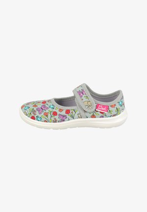 Chaussure Mary Jane grise pour enfants avec impression colorée de papillons et fleurs, bride réglable et semelle blanche flexible.