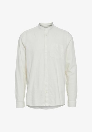 Chemise blanche à manches longues en lin, avec col mandarin, boutons à l'avant et poche sur la poitrine gauche. Finition de tissu texturé.