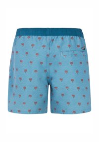 Mėlynos maudymosi šortai su raudonu palmės raštu. Yra elastinė juosta ir galinis kišenė. Audinys turi tekstūruotą išvaizdą.