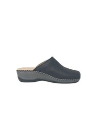 Zoccoli in pelle nera con design slip-on, caratterizzati da una tomaia liscia e una suola testurizzata a contrasto con cuciture decorative lungo i bordi.