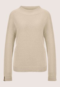 Beige Strickpullover mit Rundhalsausschnitt, überschnittenen Schultern und gerippten Bündchen und Saum. Weiche Textur und lässiger Schnitt.