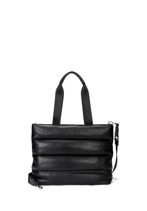 Black padded leather tote bag with two handles and a detachable shoulder strap, featuring a small embossed logo on front.