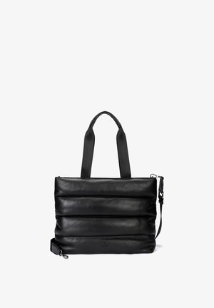 Black padded leather tote bag with two handles and a detachable shoulder strap, featuring a small embossed logo on front.