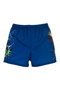 Blauwe zwemshorts met levendige grafische ontwerpen in groen, rood en zwart aan de zijkanten, elastische tailleband en een zachte, lichte stof.