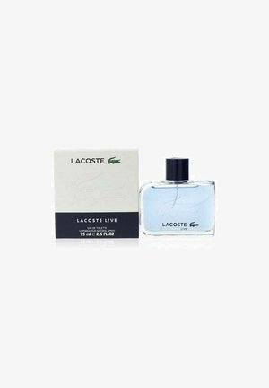 Lacoste Live Eau de Toilette, 75 ml pullo, kirkas lasi mustalla korkilla, sininen neste, valkoinen laatikko logolla ja tekstillä.