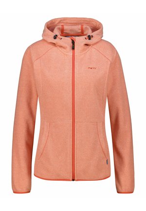 Fleece-Hoodie in strukturiertem Korallenrot mit weißen Streifen, durchgehendem Reißverschluss, verstellbarer Kapuze und seitlichen Taschen. Mit Markenlogo auf der Brust.
