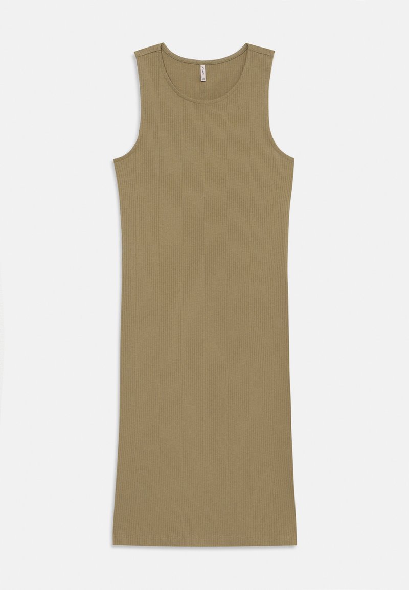 Ριμπέ, αμάνικο φόρεμα σε ελαιόλαδο πράσινο. Διαθέτει στρογγυλή λαιμόκοψη και ίσια σιλουέτα, κατασκευασμένο από μαλακό, ελαστικό ύφασμα.