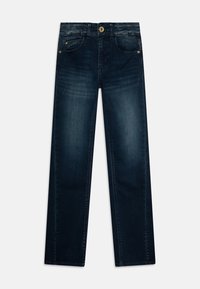 Jeans de mezclilla azul oscuro con un diseño de pierna recta, estilo de cinco bolsillos, herrajes en tono dorado y un leve acabado desgastado en la parte frontal.