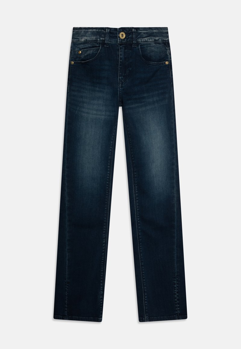 Jeans de mezclilla azul oscuro con un diseño de pierna recta, estilo de cinco bolsillos, herrajes en tono dorado y un leve acabado desgastado en la parte frontal.