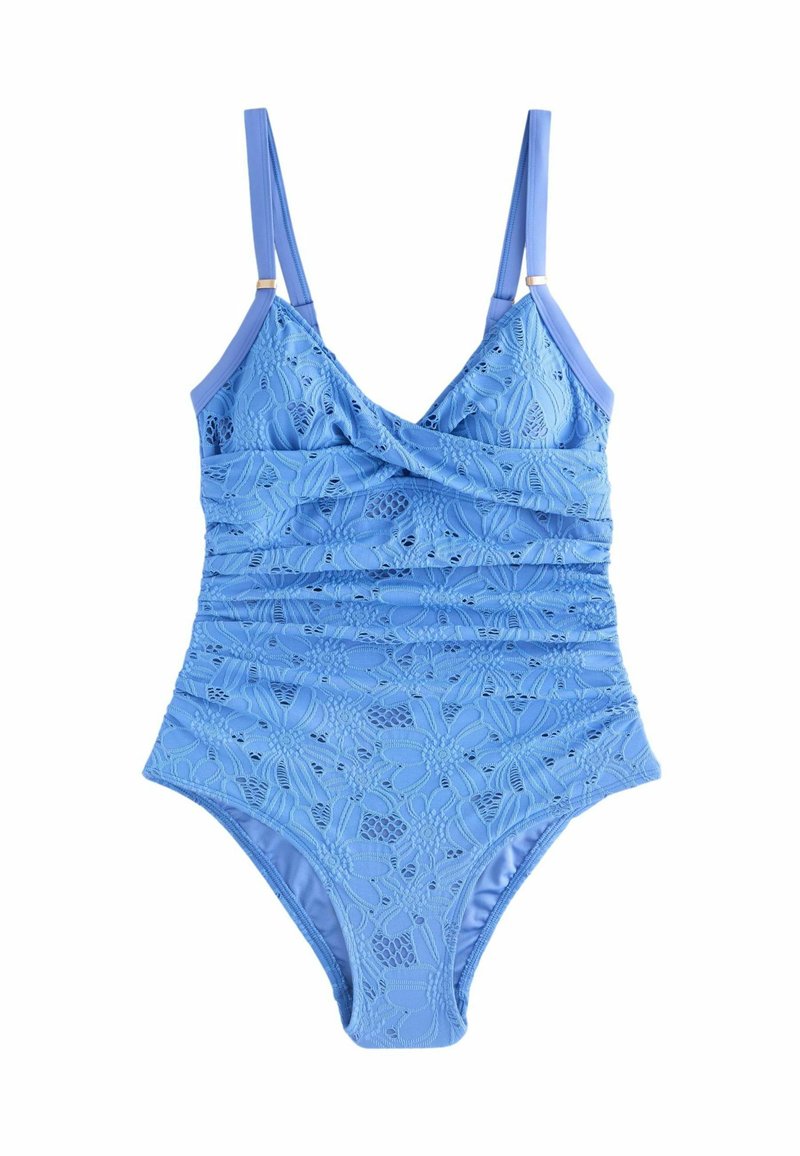 Blauer Einteiler-Badeanzug mit Spitzenmuster-Überlagerung, gerafftem Design, verstellbaren Trägern und glattem Futter, der eine V-Ausschnitt-Silhouette zeigt.