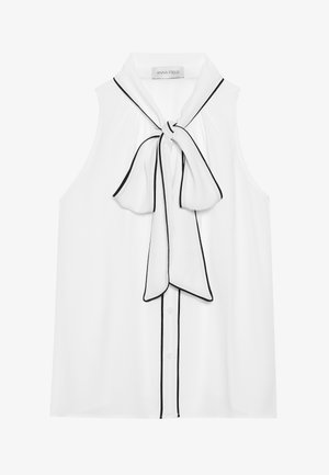 Vit ärmlös blus med en rosettdetalj vid halsen, utsmyckad med svarta detaljer, knappstängningar och ett smooth, lättviktigt tyg.