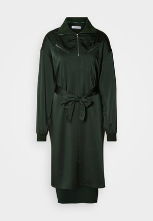 Dark green zip-up dress made of a smooth, shiny fabric. Features a collar, long sleeves, and a waist tie. Includes zippered pockets.