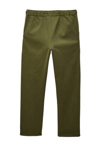 Pantalons olive verts avec taille élastique, au design droit, dotés de deux poches avant et d'une texture lisse et mate.