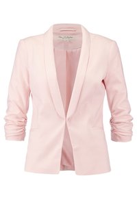 Světle růžový blazer vyrobený z hladkého materiálu, s šálovým límcem, otevřeným předním dílem, řasenými dlouhými rukávy a dvěma předními kapsami.