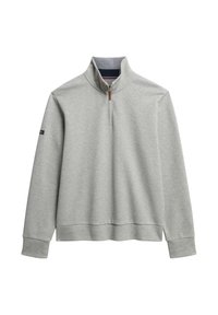 Pullover grigio chiaro realizzato in tessuto morbido, presenta una zip a quarto davanti, colletto alto e polsini a coste con orlo dritto.