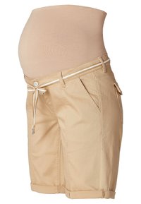 Shorts de maternité beiges avec une ceinture en tissu léger et extensible, détail de cordon de serrage et ourlets roulés. Comprend des poches latérales pour plus de praticité.