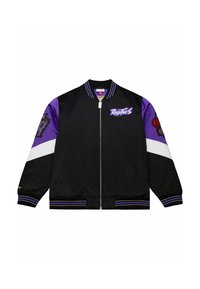 Giubbotto bomber nero con accenti viola e bianchi, caratterizzato dal logo "Raplorts", grafiche ricamate sulle maniche e polsini a coste.