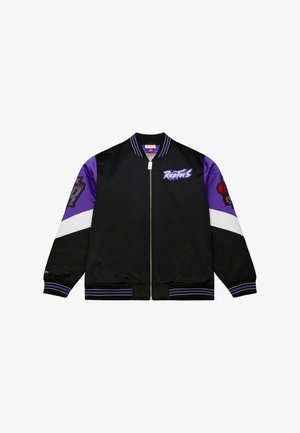 Schwarze Bomberjacke mit lila und weißen Akzenten, mit dem "Raplorts"-Logo, bestickten Grafiken auf den Ärmeln und gerippten Bündchen.