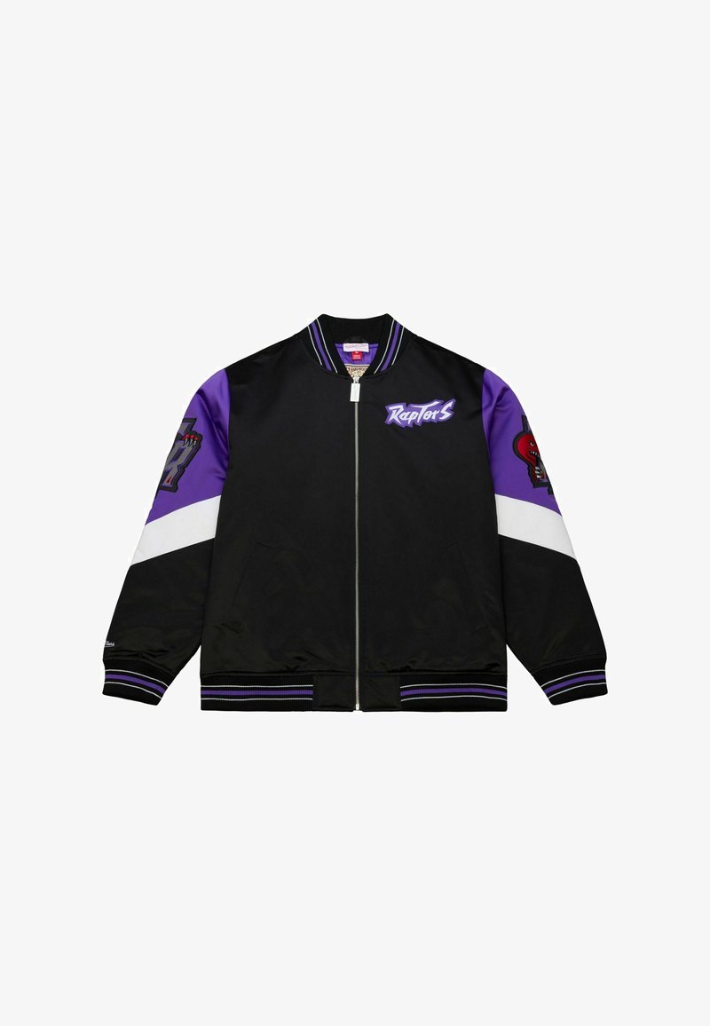 Giubbotto bomber nero con accenti viola e bianchi, caratterizzato dal logo "Raplorts", grafiche ricamate sulle maniche e polsini a coste.