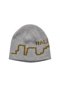Grijze gebreide beanie met een gouden geometrisch patroon van de stads skyline en logo. Zachte textuur, afgeronde bovenkant en ribbelrand onderkant.
