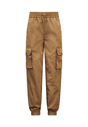 Cargo-Hosen aus braunem Nylonmaterial mit einem elastischen Bund, zwei seitlichen Taschen und gerafften Knöcheln. Mit flachen Sta Taschen.