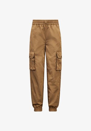 Cargo-Hosen aus braunem Nylonmaterial mit einem elastischen Bund, zwei seitlichen Taschen und gerafften Knöcheln. Mit flachen Sta Taschen.