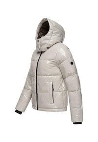 Gevoerde pufferjack in lichtgrijs, met een glanzende afwerking, capuchon, rits aan de voorkant en zwarte ritszakken. Accentuerend met een logo-opdruk.