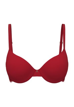 Reggiseno imbottito rosso con coppe lisce e spalline regolabili. Presenta un dettaglio decorativo al centro e un bordo in pizzo sulla fascia.