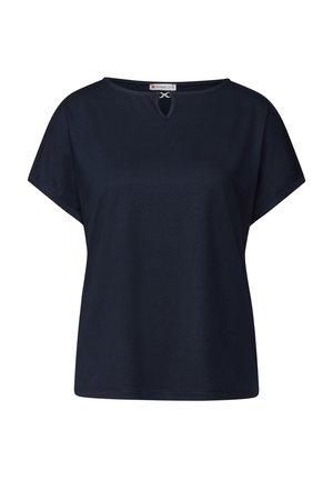 Navyblaues kurzärmliges Oberteil aus glattem Material, mit einem runden Ausschnitt und einem kleinen Schlüsselaugen-Detail sowie einer lockeren Passform.