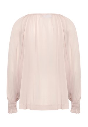 Blusa rosa chiaro, morbida e fluida, con scollatura arricciata, maniche lunghe e polsini elasticizzati. Tessuto leggero e liscio con una leggera lucentezza.
